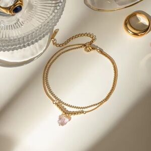 18k Gold Plated Double Chain Pink Butterfly Gravel Anklet